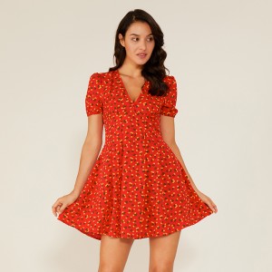 Mujer Sexy Deep V Red Swing Floral Boho Vintage Casual Dress